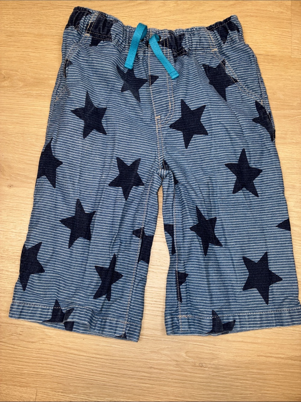 Mini Boden Blue Striped Shorts with Navy Star Print and Teal Drawstring